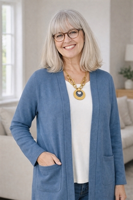 Marinello lun lang striktrøje i meleret jeansblå med lommer